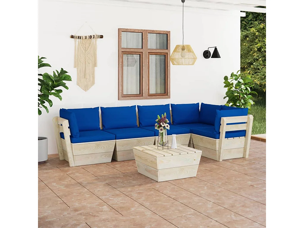 Salon de jardin palette 6 pcs avec coussins Épicéa imprégné