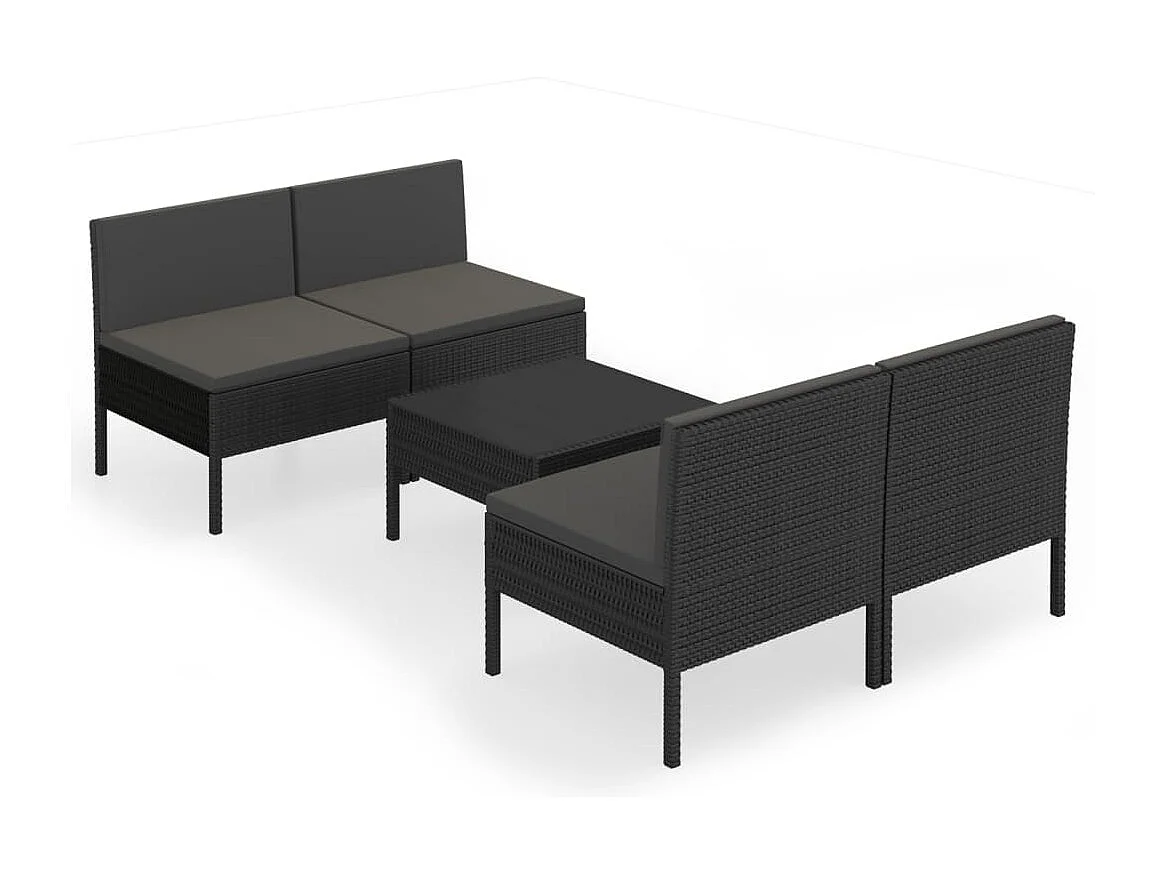 Salon de jardin 5 pcs avec coussins résine tressée noir