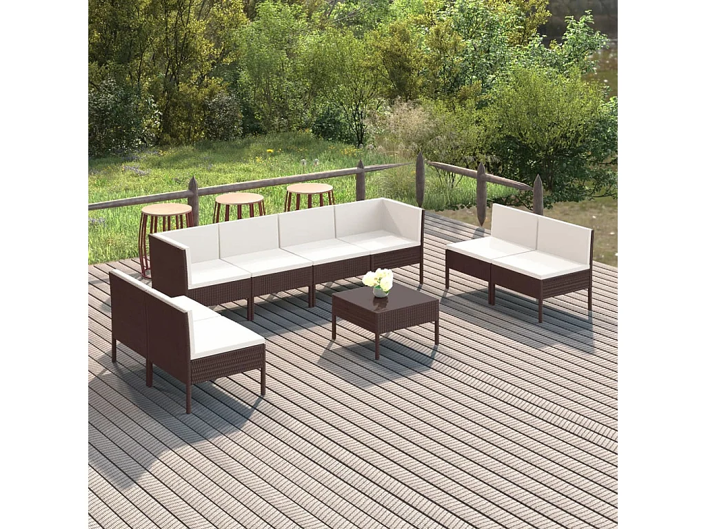 Salon de jardin 9 pcs avec coussins résine tressée marron