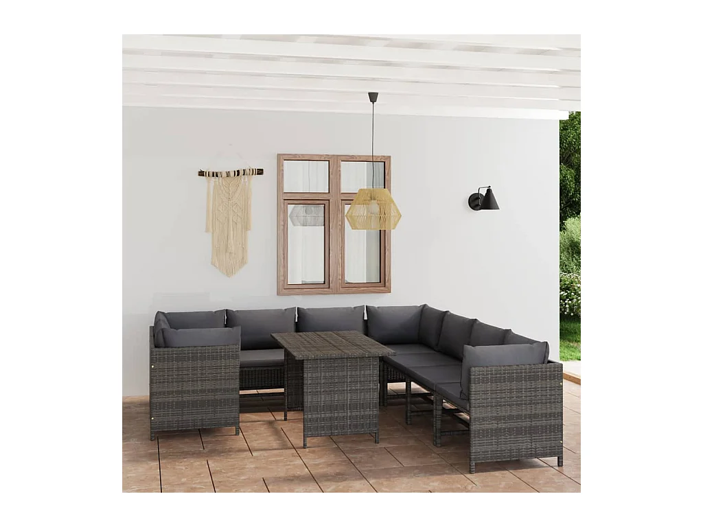 Salon de jardin 9 pcs avec coussins Résine tressée Gris