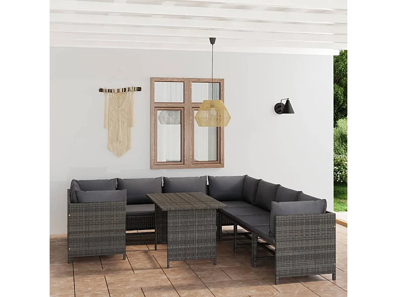 Salon de jardin 9 pcs avec coussins Résine tressée Gris