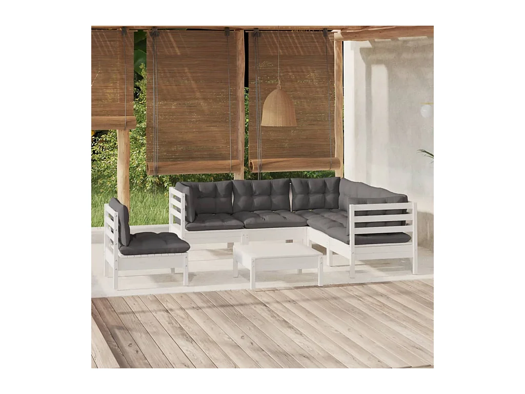 Salon de jardin 6 pcs avec coussins blanc bois de pin