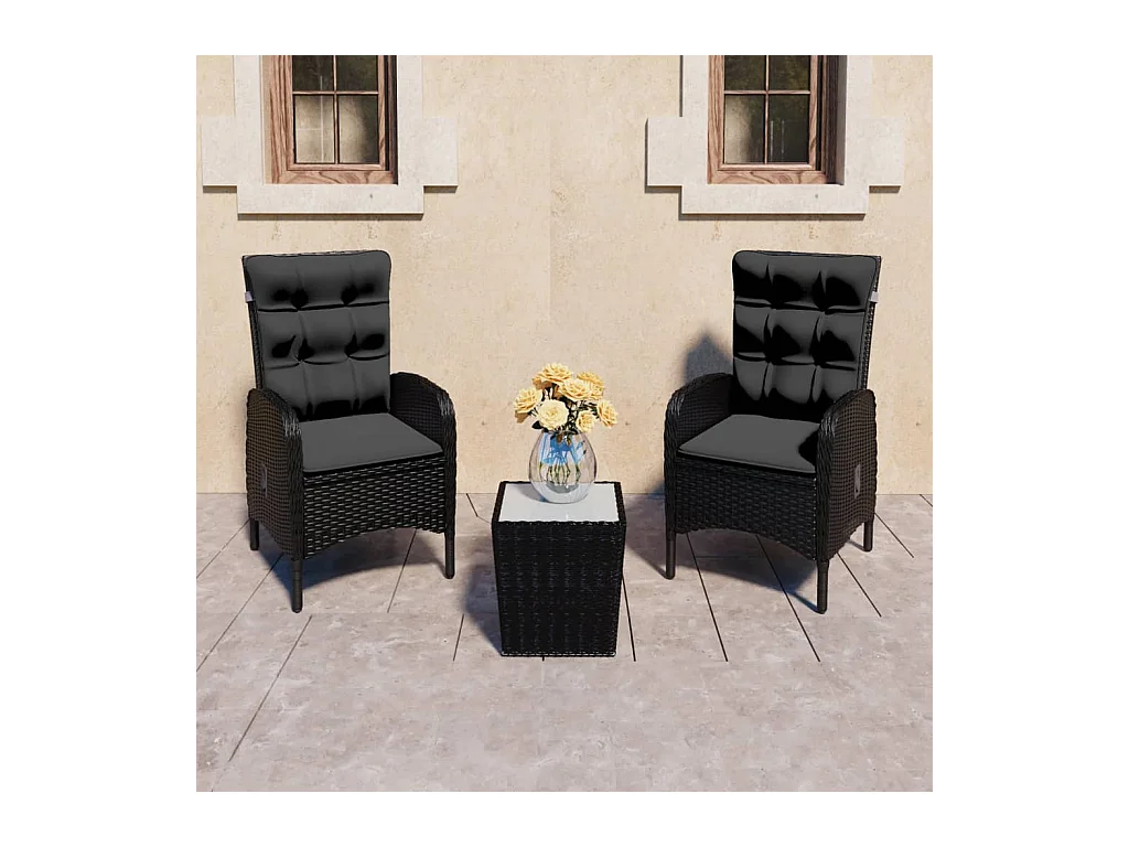 3-tlg. Bistro-Set Poly Rattan und Glas Schwarz