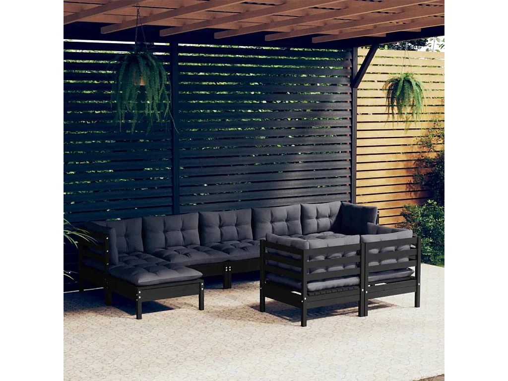 Salon de jardin 9 pcs avec coussins Noir Bois de pin massif