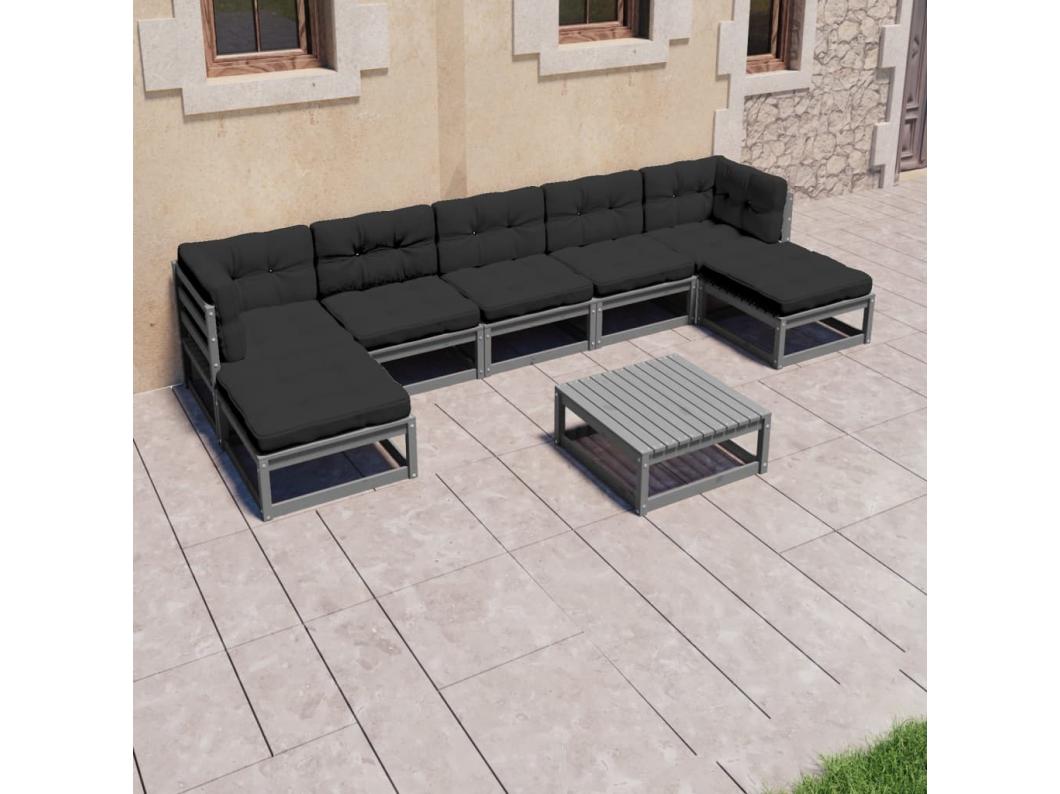 Salon de jardin 8 pcs avec coussins Gris Bois de pin massif