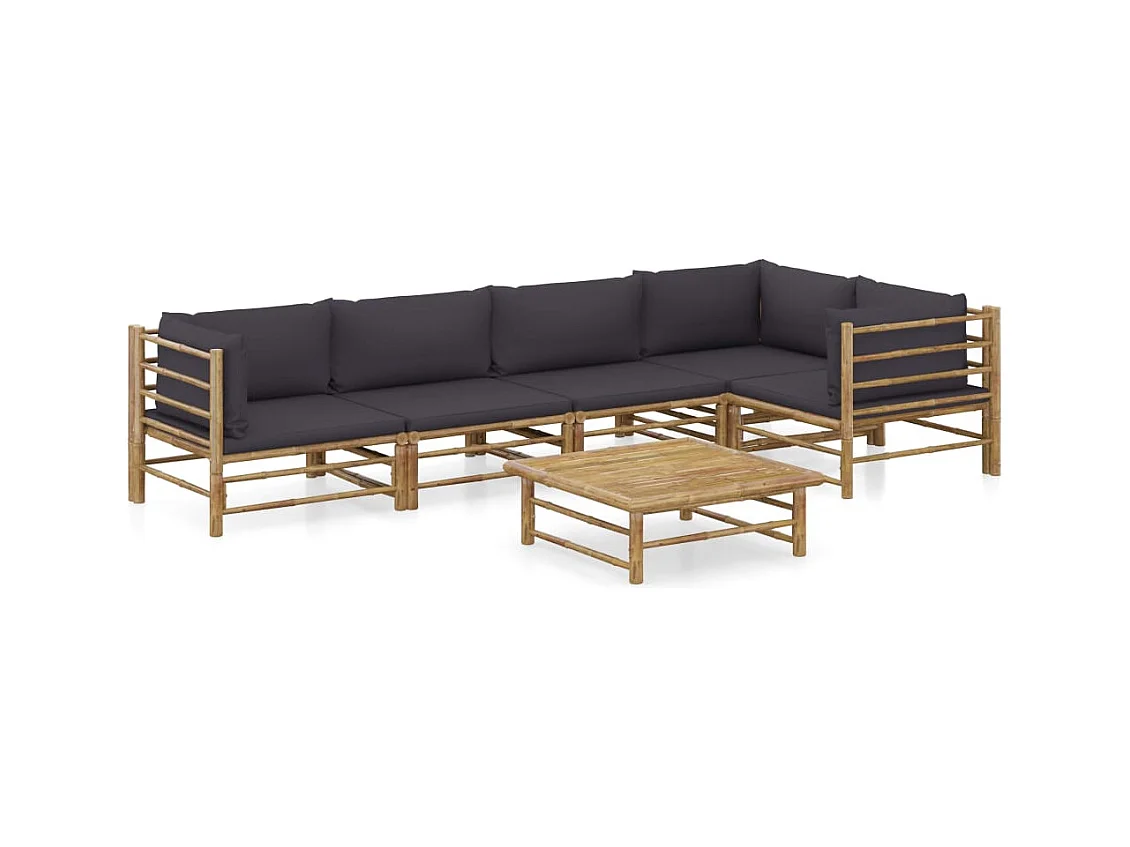 Salon de jardin 6 pcs avec coussins gris foncé bambou