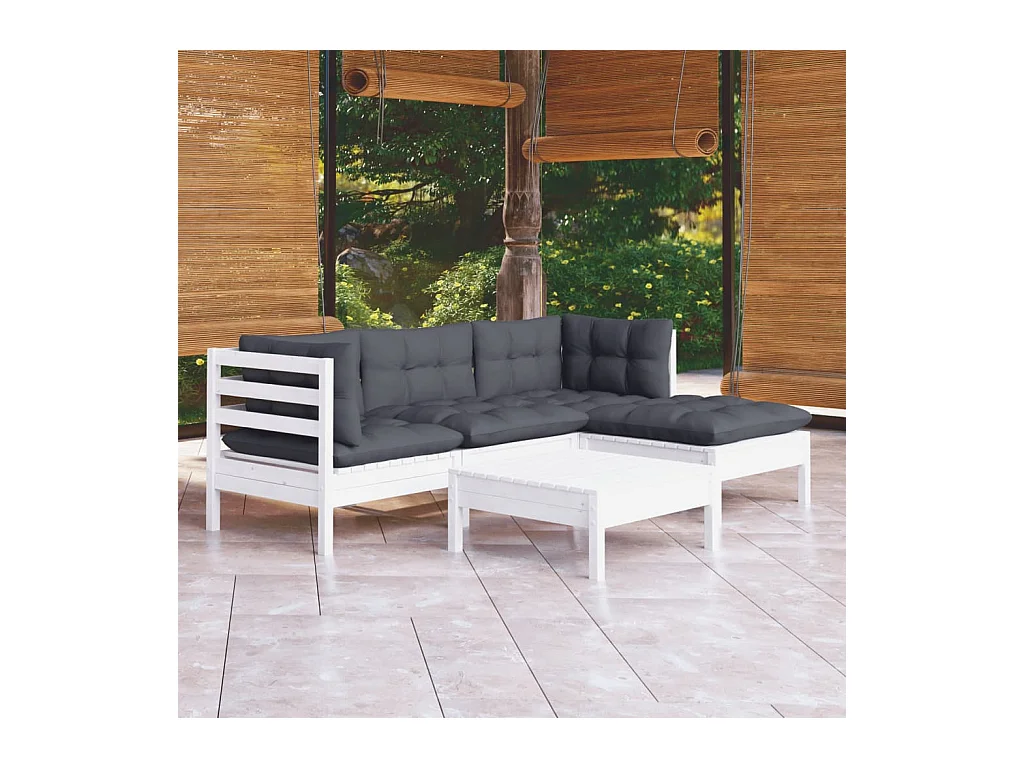 Set Divani da Giardino 5 pz con Cuscini Bianchi Legno di Pino