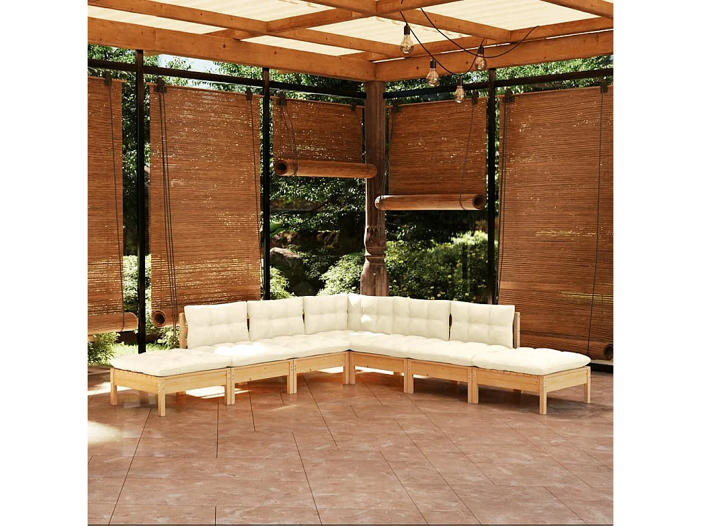 Salon de jardin 7 pcs avec coussins crème bois de pin