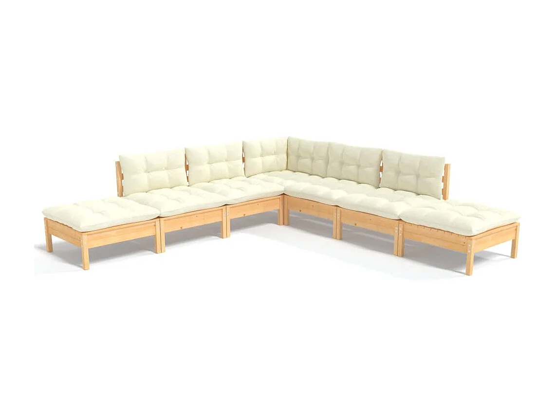 Salon de jardin 7 pcs avec coussins crème bois de pin