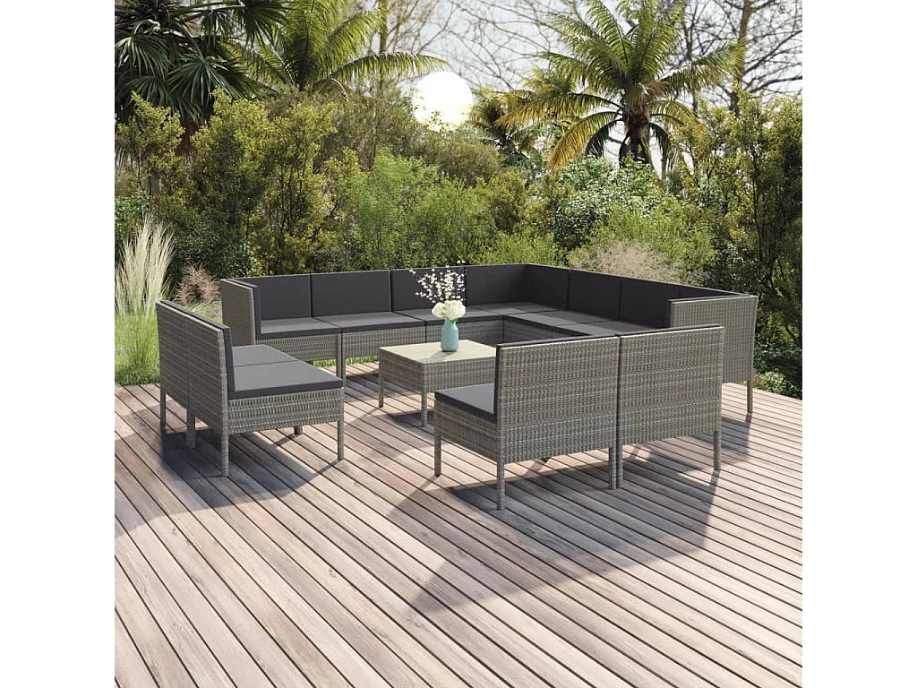 12 pcs conjunto lounge de jardim c/ almofadões vime PE cinzento
