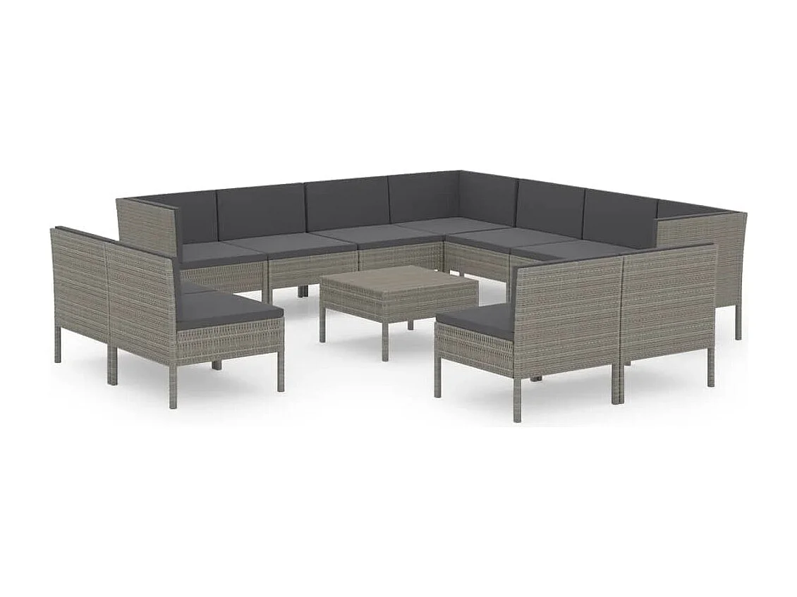 12 pcs conjunto lounge de jardim c/ almofadões vime PE cinzento