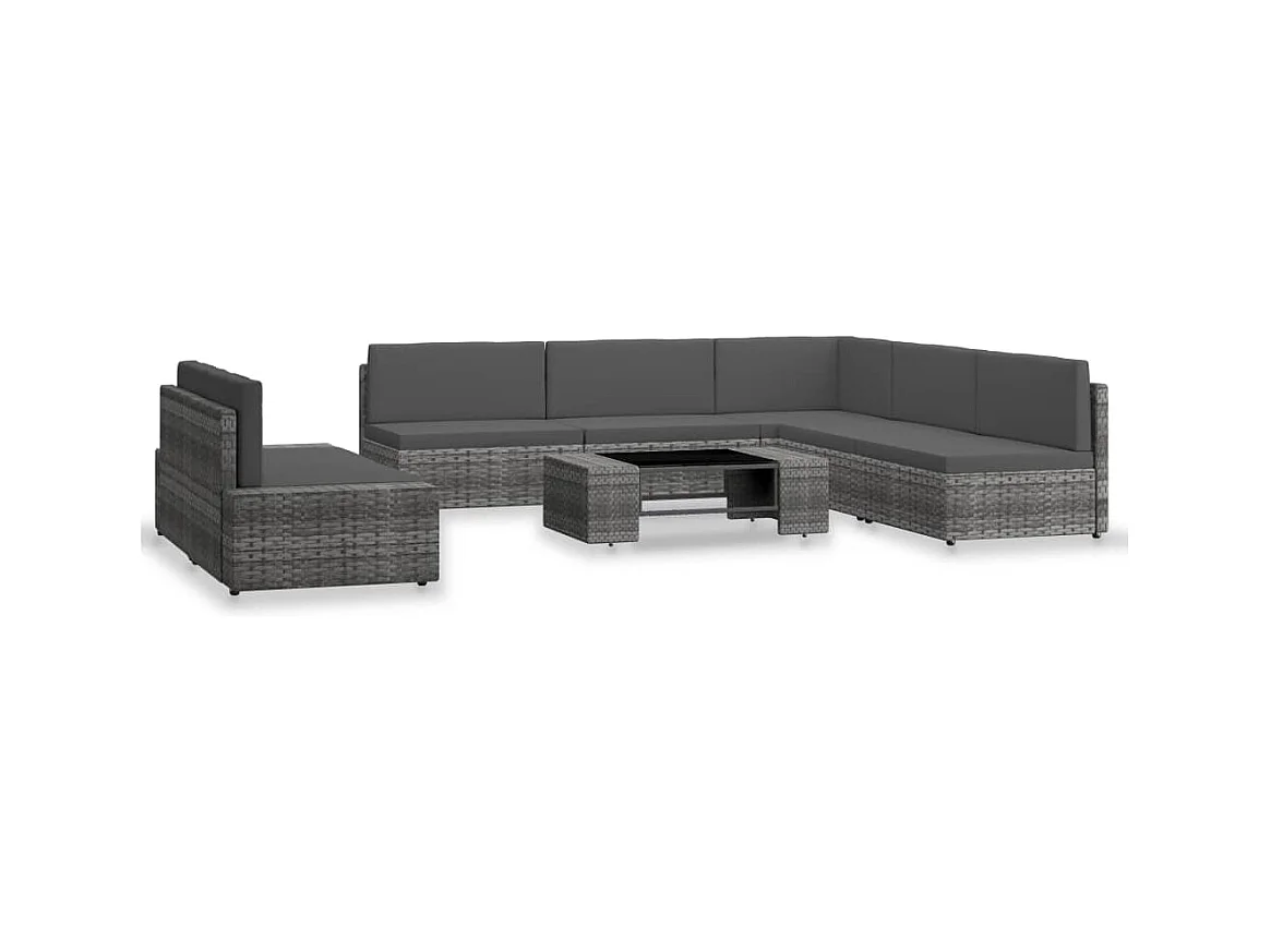 7 pcs conjunto lounge de jardim vime PE cinzento
