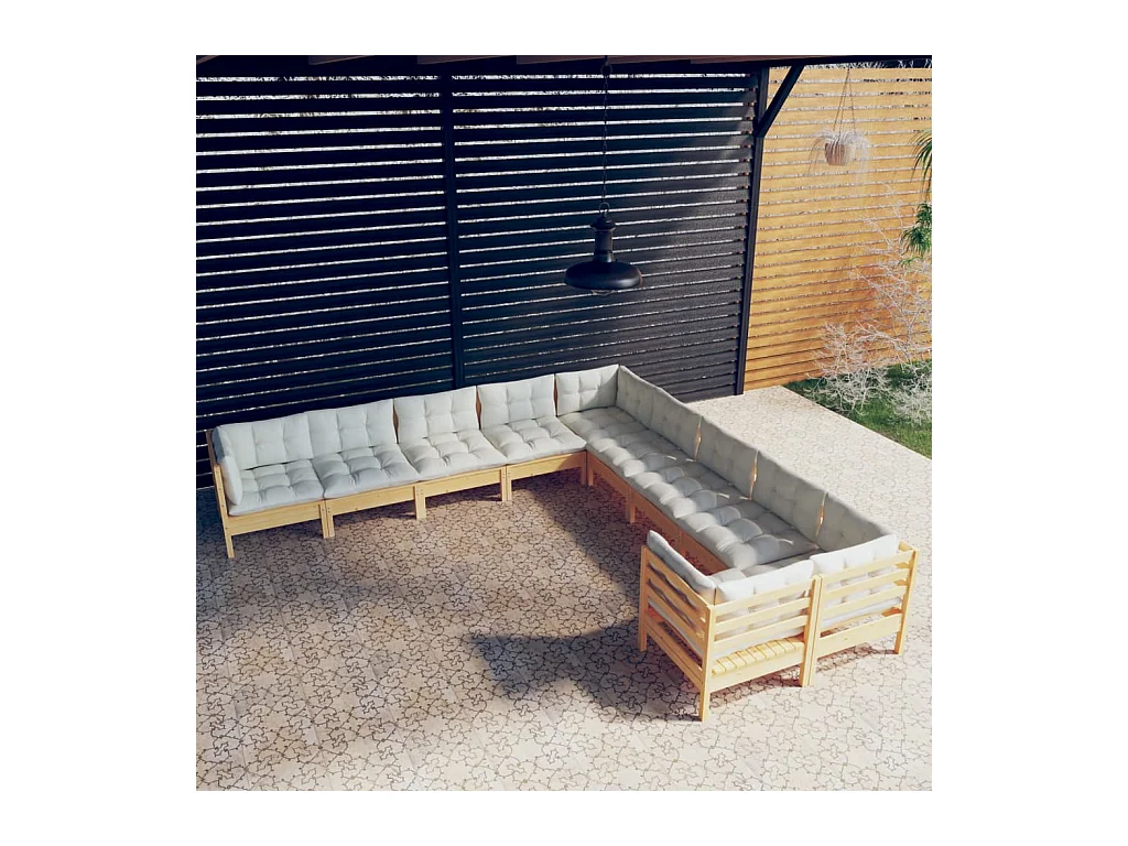 10-tlg. Garten-Lounge-Set mit Creme Kissen Kiefernholz
