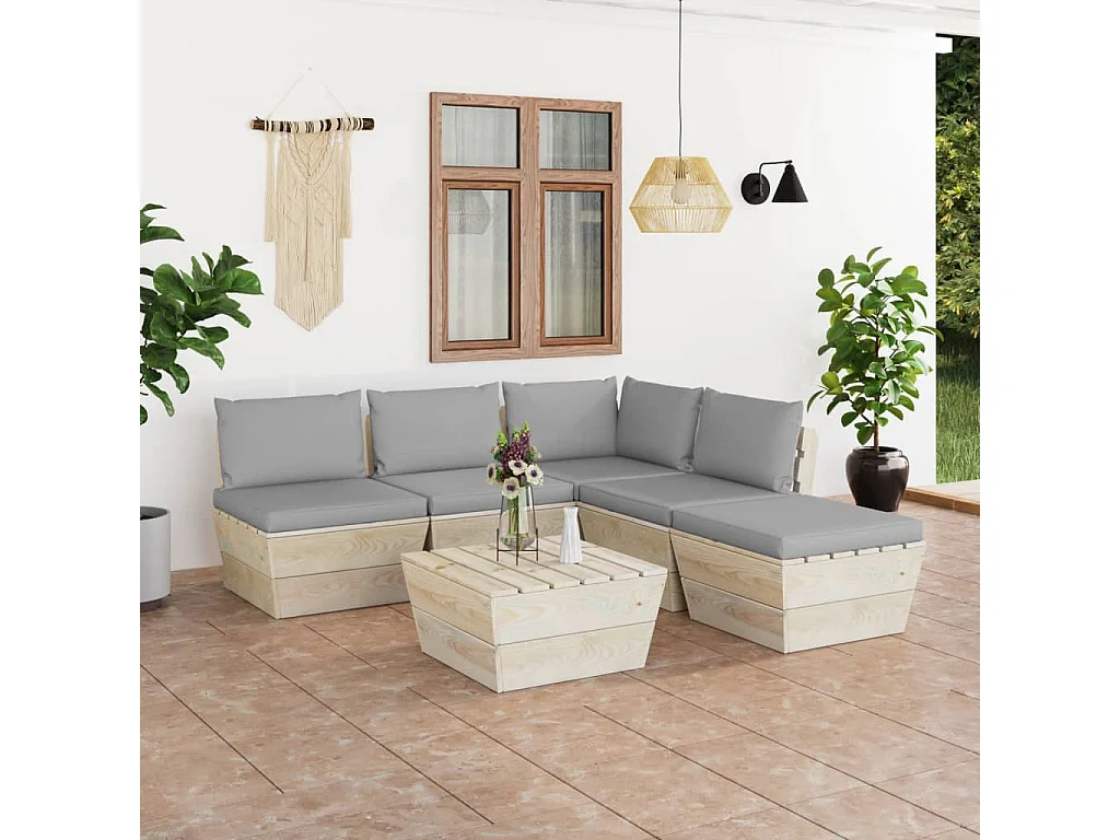Salon de jardin palette 6 pcs avec coussins bois d'épicéa