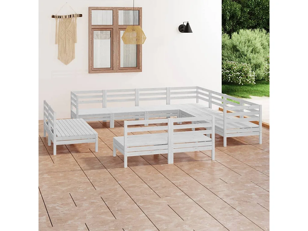 Salon de jardin 11 pcs Bois de pin massif Blanc