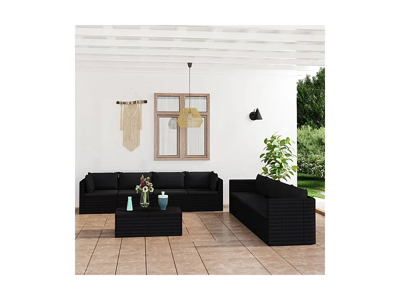 Salon de jardin 9 pcs avec coussins Résine tressée Noir