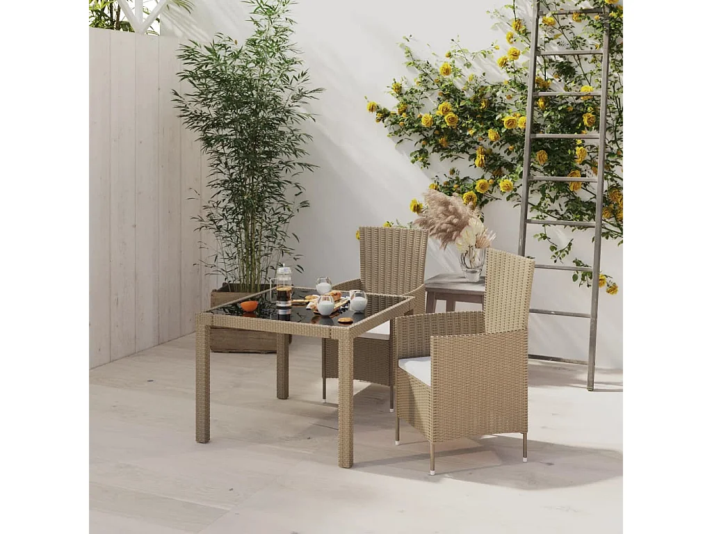 Ensemble à manger d'extérieur 3 pcs et coussins Résine tressée