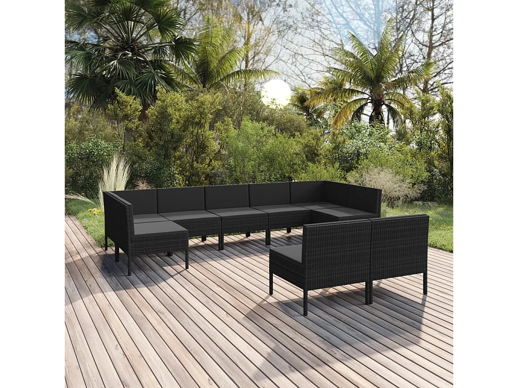 Salon de jardin 9 pcs avec coussins Résine tressée Noir