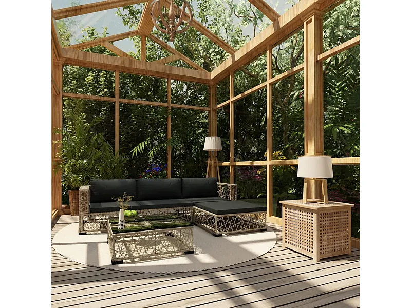 5-tlg. Garten-Lounge-Set mit Auflagen Poly Rattan Grau