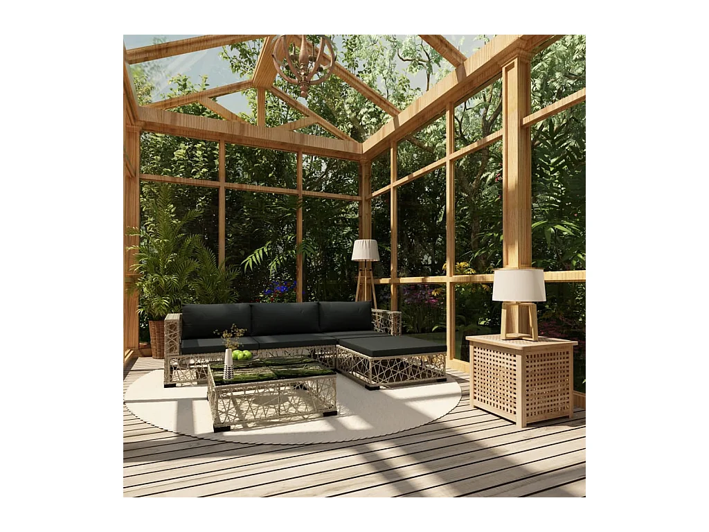 Salon de jardin 5 pcs avec coussins résine tressée gris