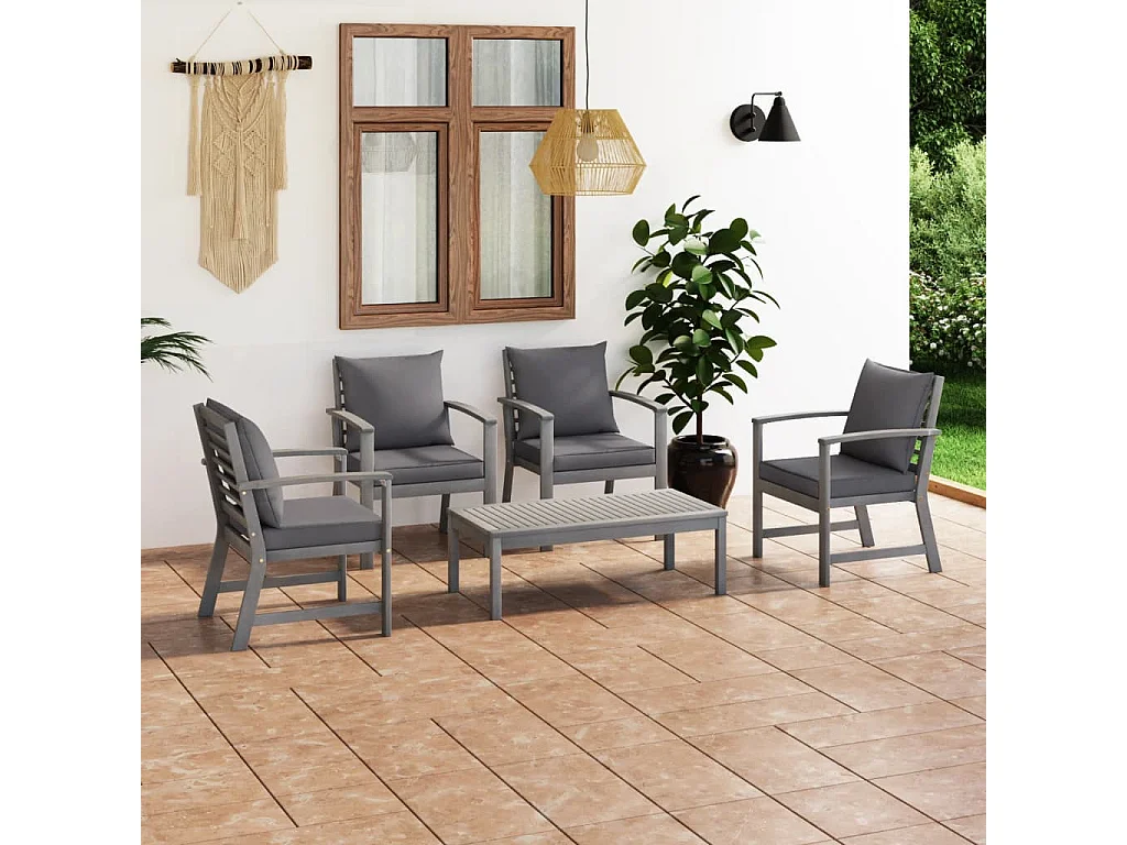 Salon de jardin 5 pcs avec coussin Bois d'acacia solide Gris