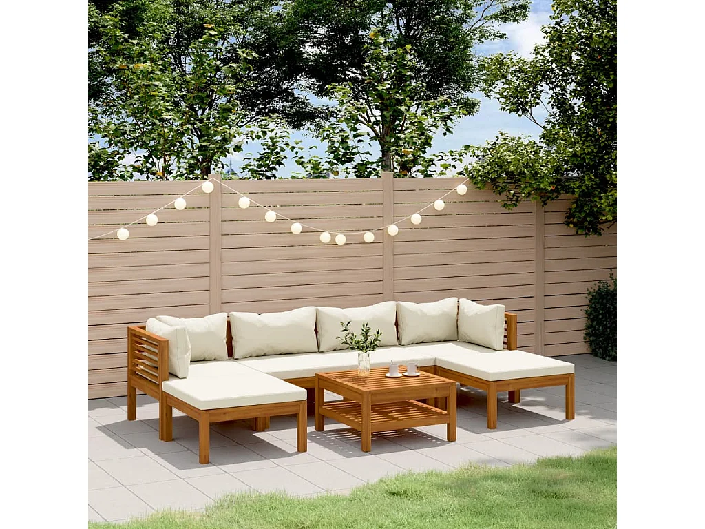 Set Divani da Giardino 7 pz con Cuscini Crema in Legno Acacia
