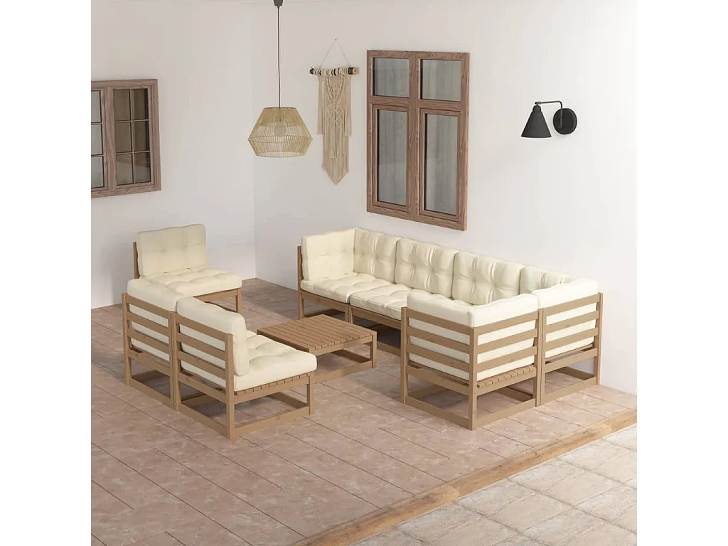 9-tlg. Garten-Lounge-Set mit Kissen Massivholz Kiefer