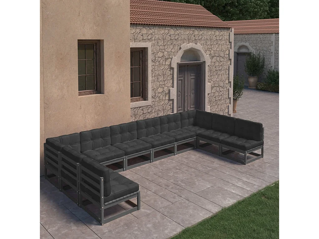 10-delige Loungeset met kussens massief grenenhout zwart