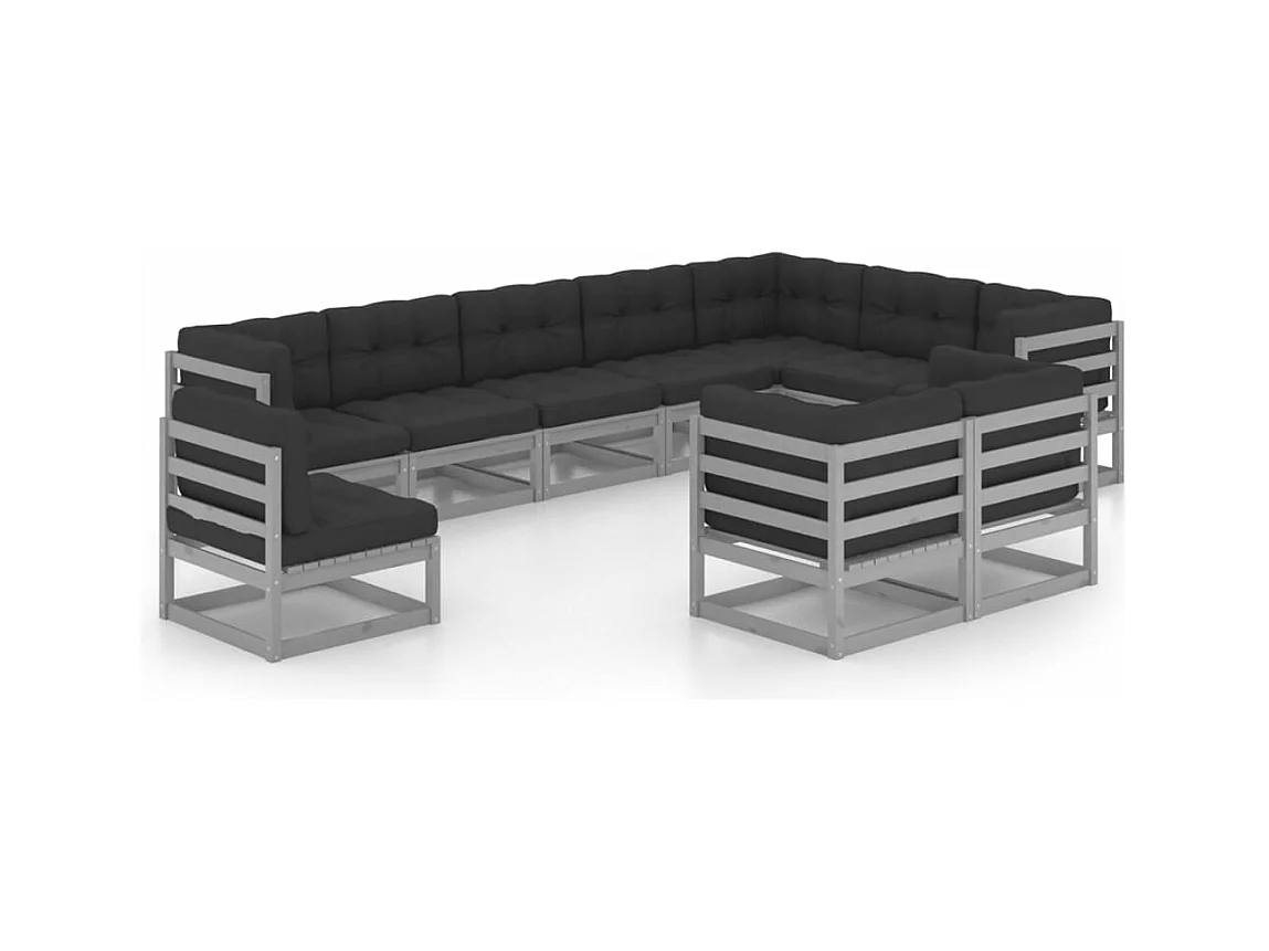 Salon de jardin 10 pcs avec coussins Gris Bois de pin massif