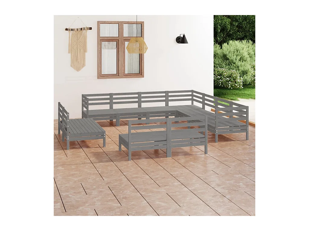 Juego de muebles de jardín 11 piezas madera maciza de pino gris