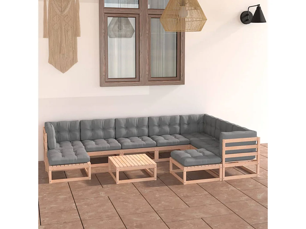 Salon de jardin 10 pcs avec coussins Bois de pin massif