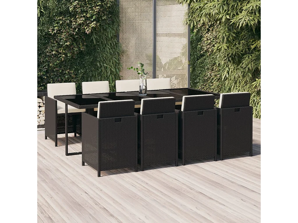 9-tlg. Garten-Essgruppe mit Kissen Poly Rattan Schwarz