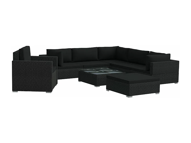 8-delige Loungeset met kussens poly rattan zwart