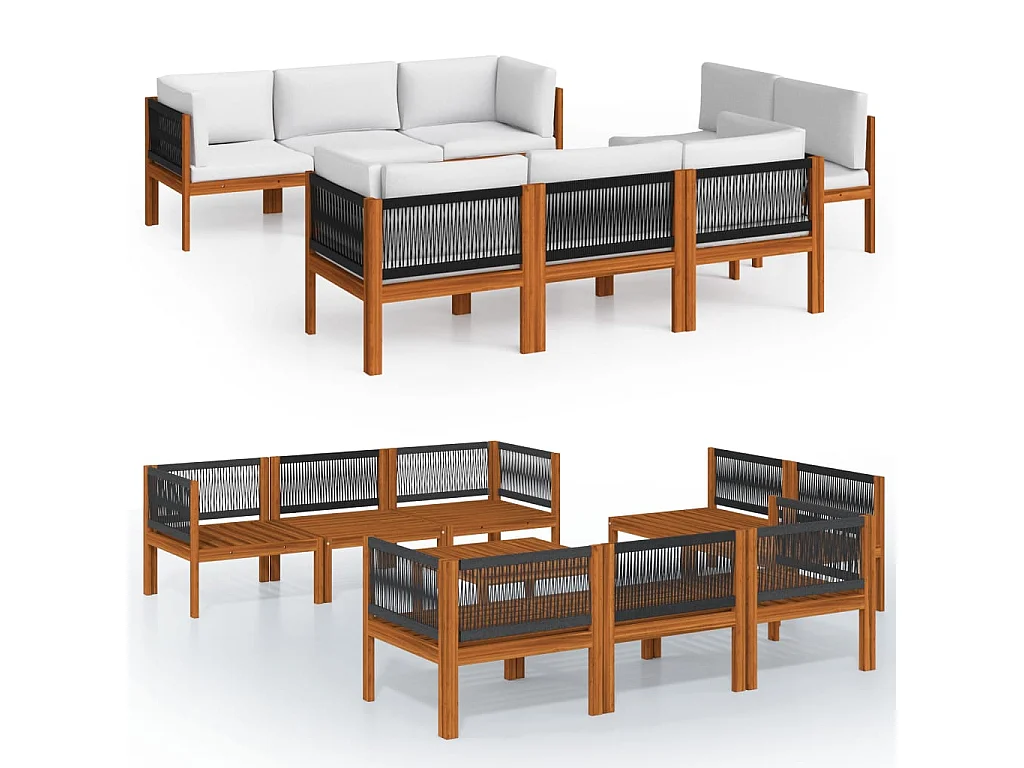 9-tlg. Garten-Lounge-Set mit Kissen Cremefarbenes Holz Akazie & Seil