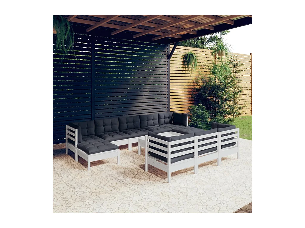 Salon de jardin 11 pcs avec coussins blanc bois de pin solide