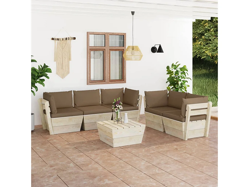 6 pcs conjunto lounge de paletes + almofadões madeira de abeto
