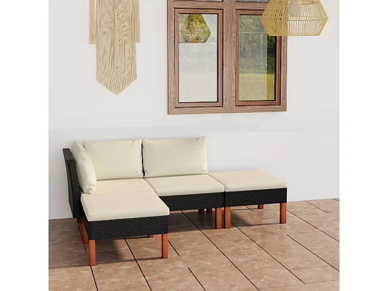 Set Divani da Giardino 4 pz con Cuscini in Polyrattan Nero