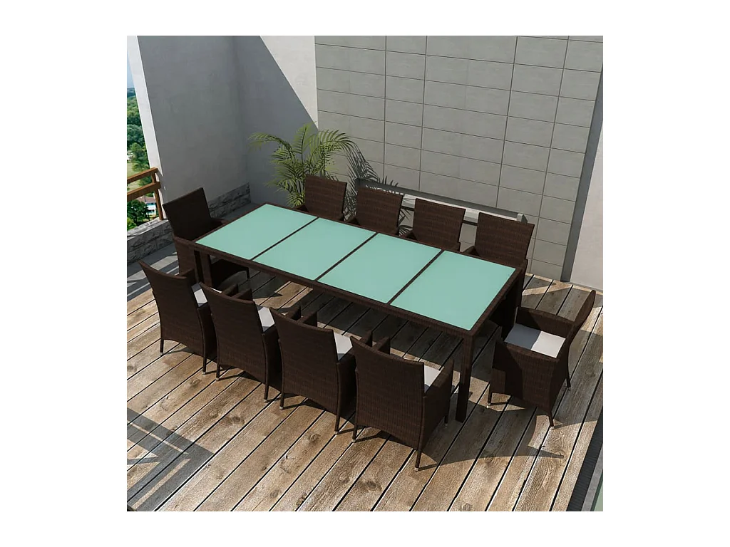 Ensemble à manger d'extérieur et coussins 11 pcs résine tressée
