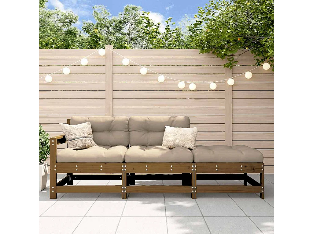 Salon de jardin 3 pcs avec coussins marron miel bois massif