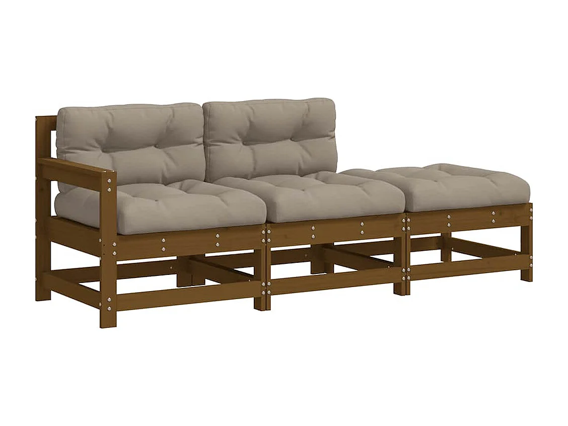 Salon de jardin 3 pcs avec coussins marron miel bois massif