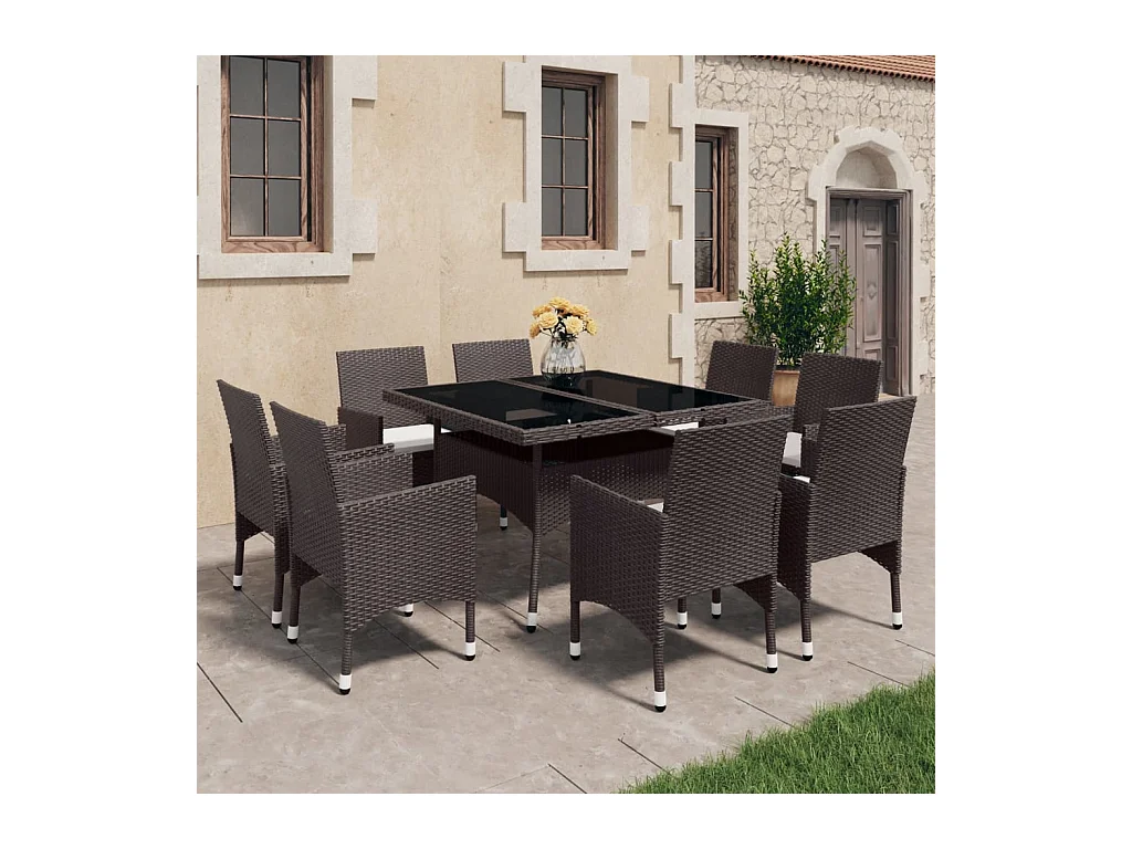 Set da Pranzo da Giardino 9 pz in Polyrattan e Vetro Marrone