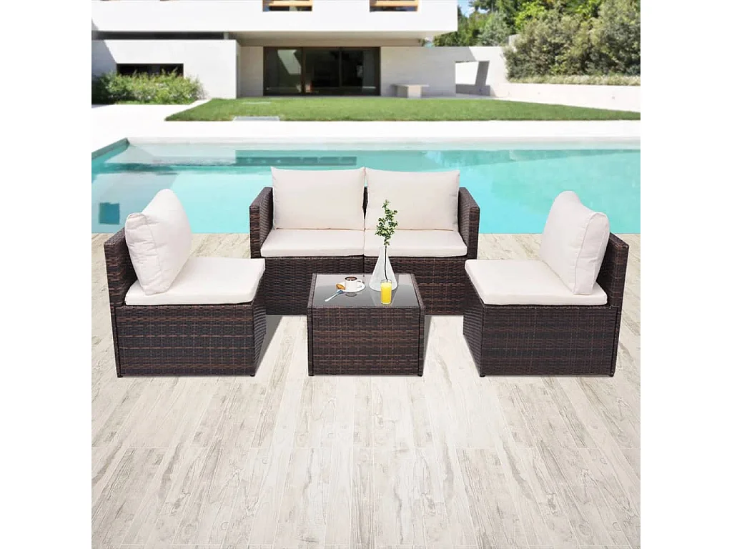 Salon de jardin 5 pcs avec coussins Résine tressée Marron