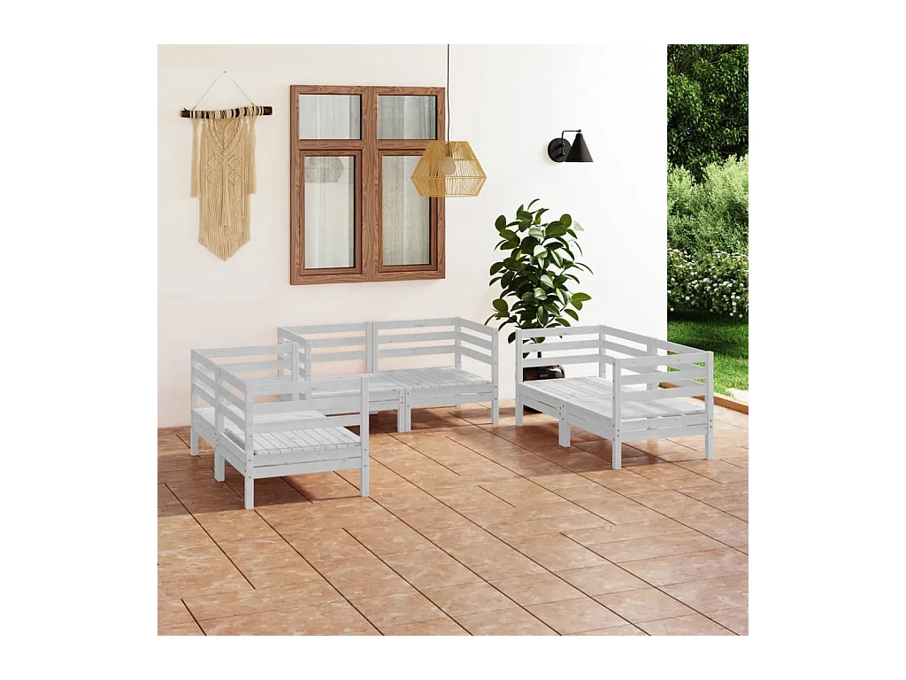 Salon de jardin 6 pcs Blanc Bois de pin massif