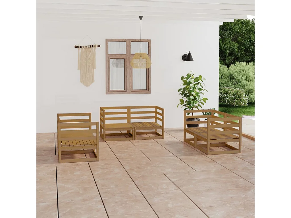 Salon de jardin 6 pcs Marron miel Bois de pin massif