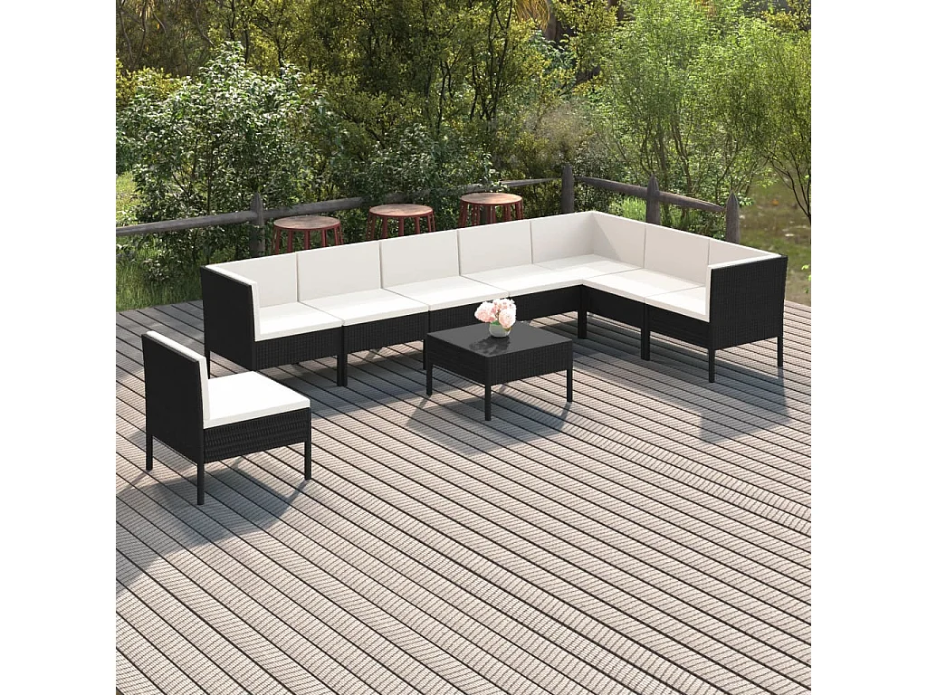9-tlg. Garten-Lounge-Set mit Auflagen Poly Rattan Schwarz