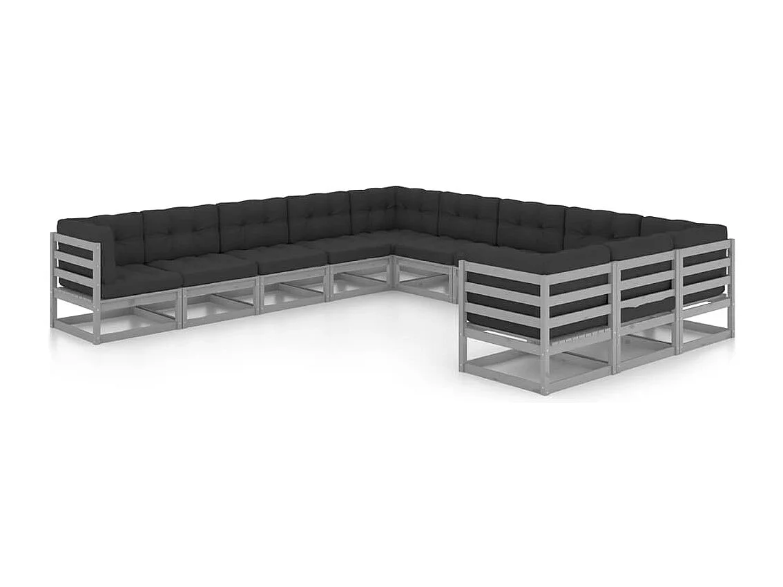 Salon de jardin 11 pcs avec coussins Gris Bois de pin massif