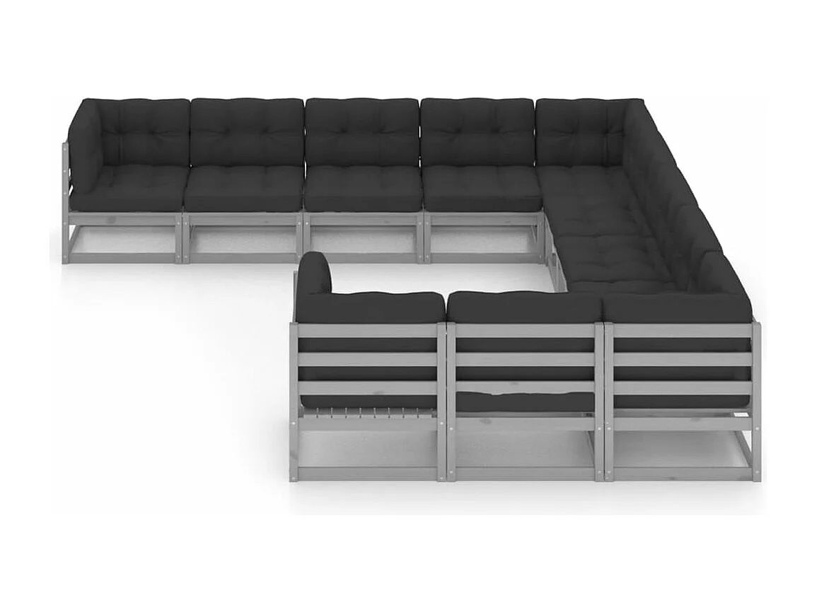 Salon de jardin 11 pcs avec coussins Gris Bois de pin massif