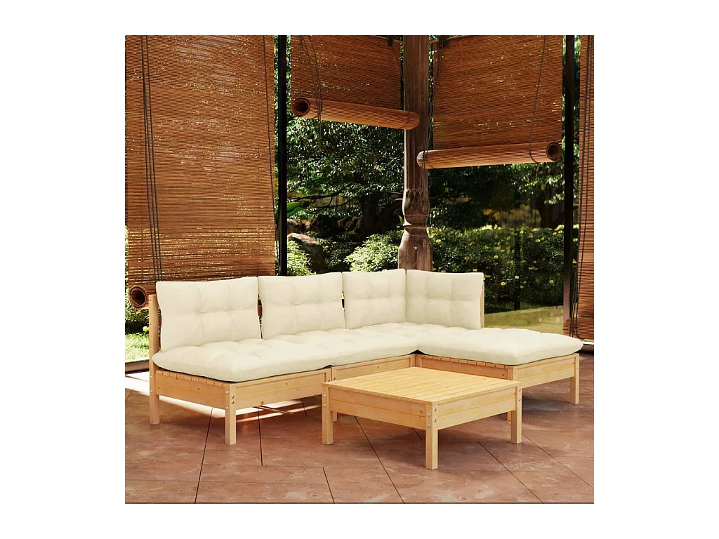 Salon de jardin 5 pcs avec coussins crème bois de pin