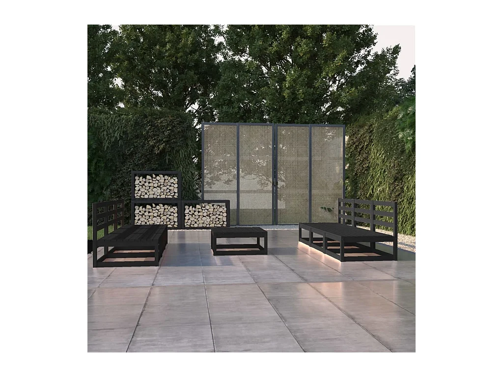 Set Divani da Giardino 7 pz Nero in Legno Massello di Pino