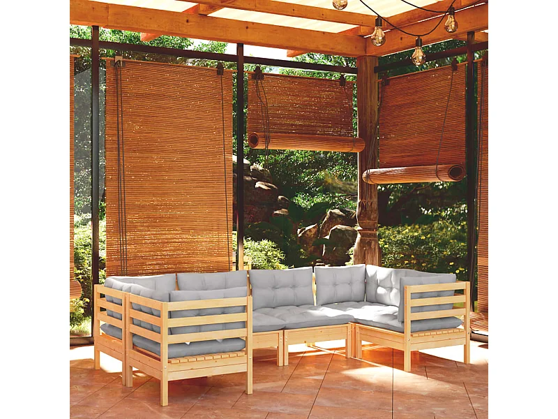 Set Divani da Giardino 6 pz con Cuscini Grigi Massello di Pino